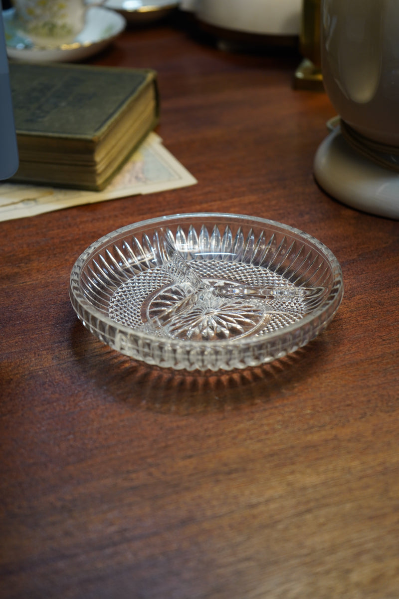 Pressed-Glass Three-Part Divided Relish Server, Fan-and-Diamond Pattern, Mid-Century c 1940-60s