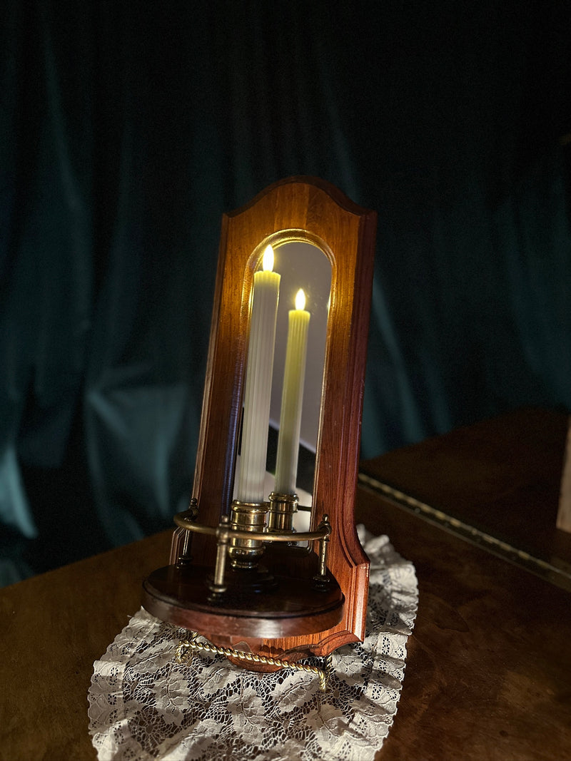 Italian Mirrored Wall Candle Sconce, c. 1950s–1960s | Federal Revival Wood & Brass Candleholder