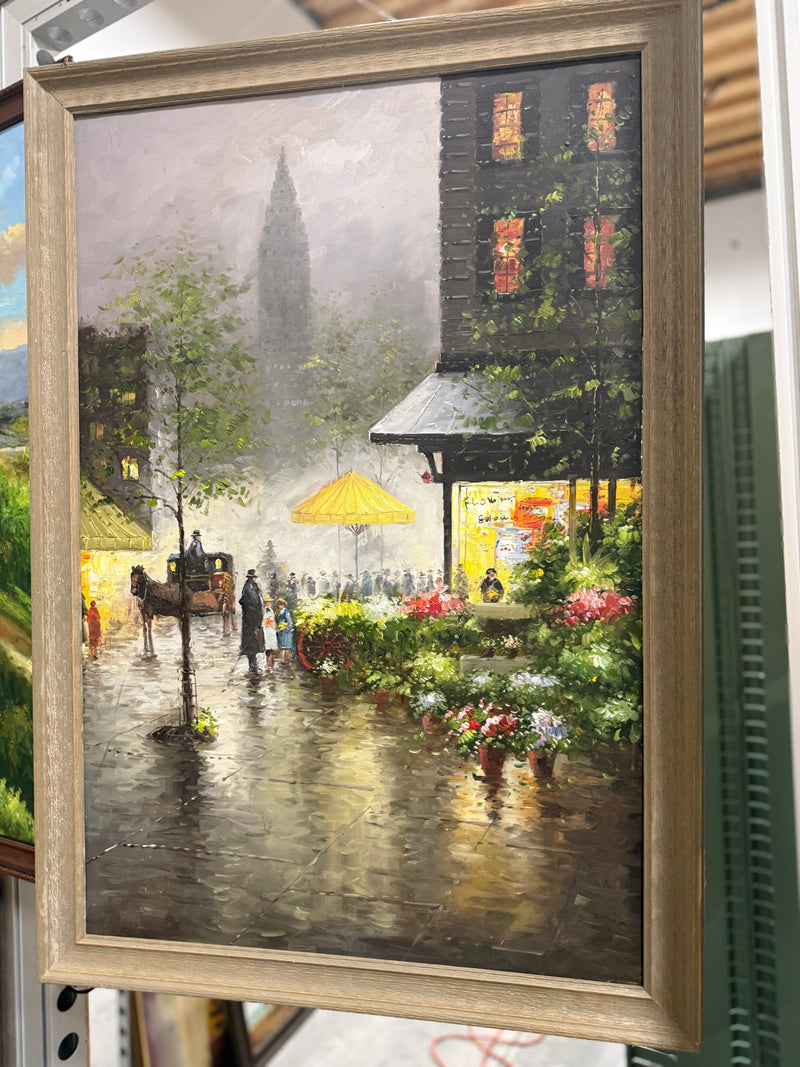 The Flower Market Beneath the Chrysler Building, Oil On Canvas 50 x 28, Unsigned 20th Century