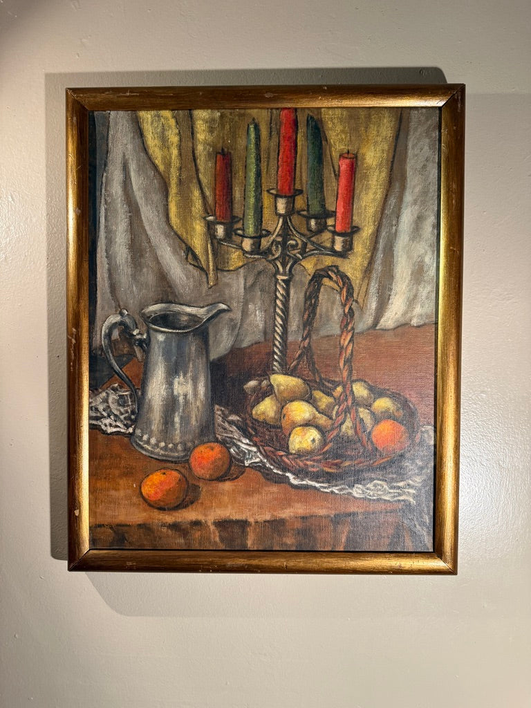 “Still Life with Candelabra and Fruit” by Elsie H. Deehan, Oil on Canvas (Mid-20th Century)