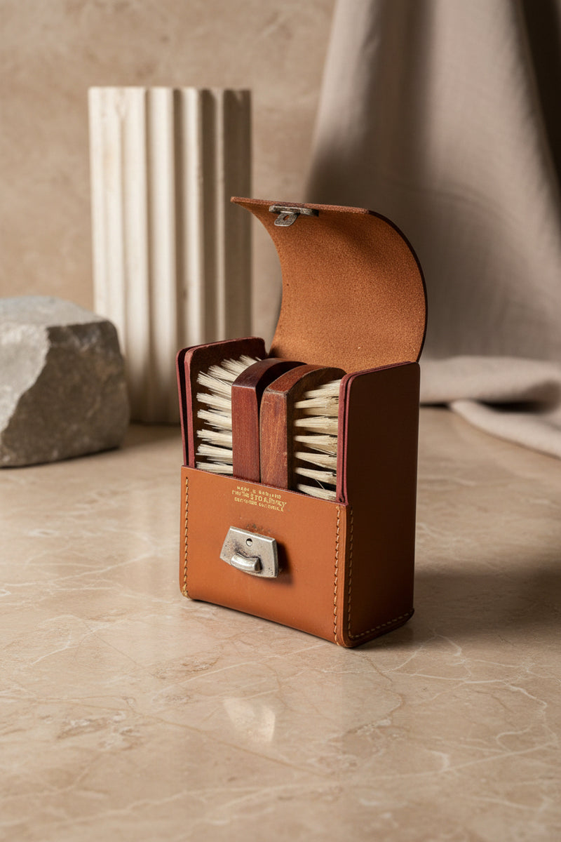 English Leather Travel Brush Case for The Broadway c. 1950s-1960s