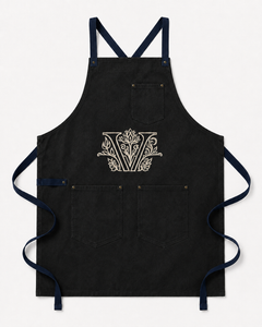 The Morris Apron, Heavy-Duty Washed Denim with Embroidered Botanical Monogram