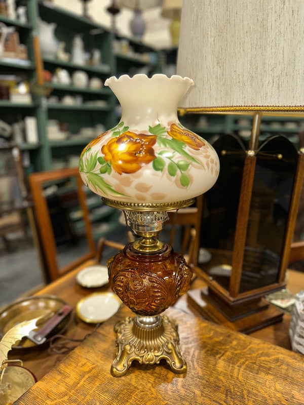 Antique Amber Cherub Glass Oil Lamp Font, Electrified, c. 1890–1915