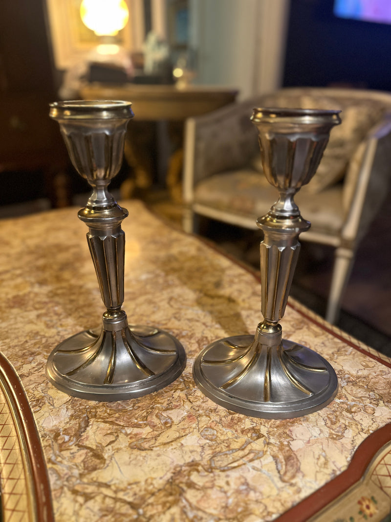 Pair of Vintage Two-Tone Neoclassical Metal Candlesticks, c. 1970s