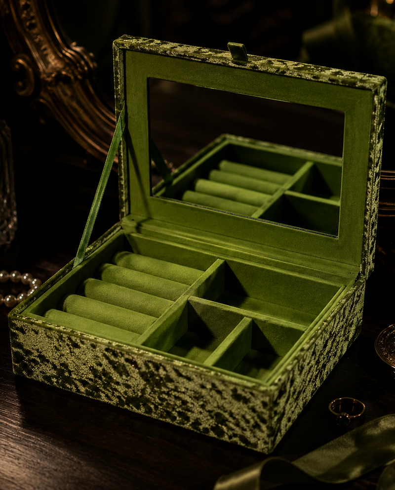 Vintage 1970s Green Crushed Velvet Jewelry Box with Beaded Lid