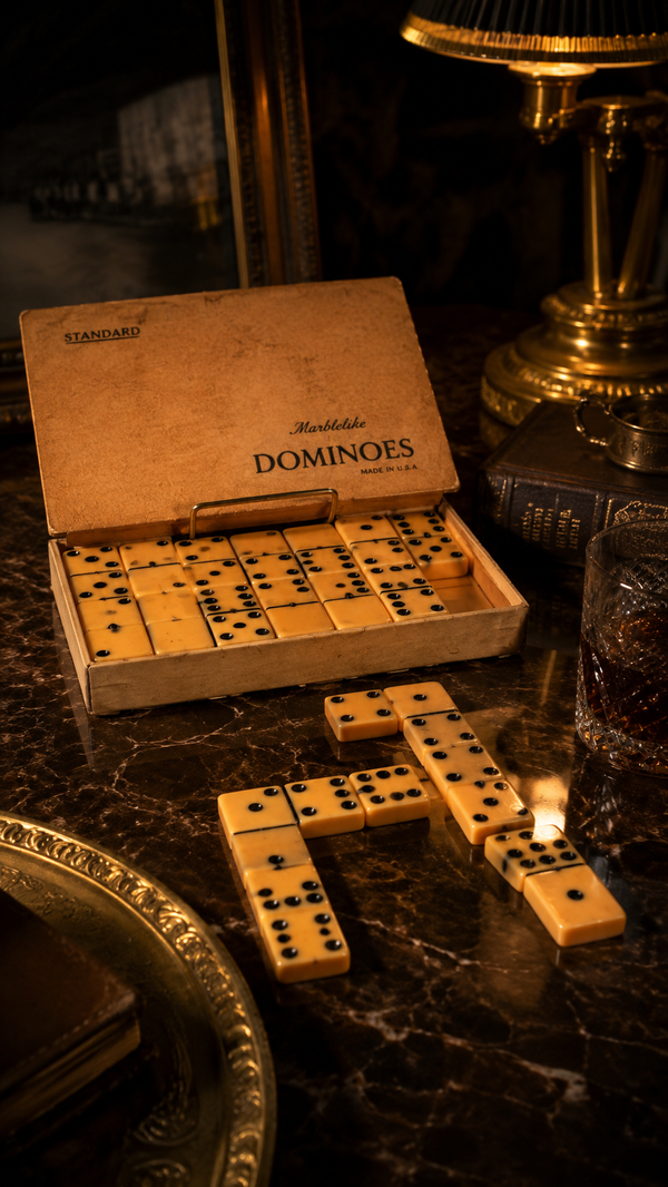 Vintage Puremco Marblelike Dominoes Set in Butterscotch Case