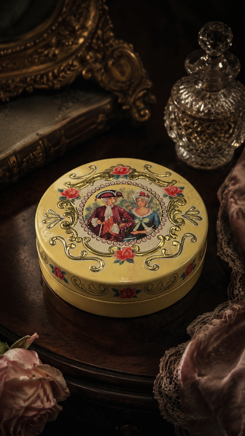 Vintage Victorian Revival Round Decorative Tin with Courting Couple & Roses