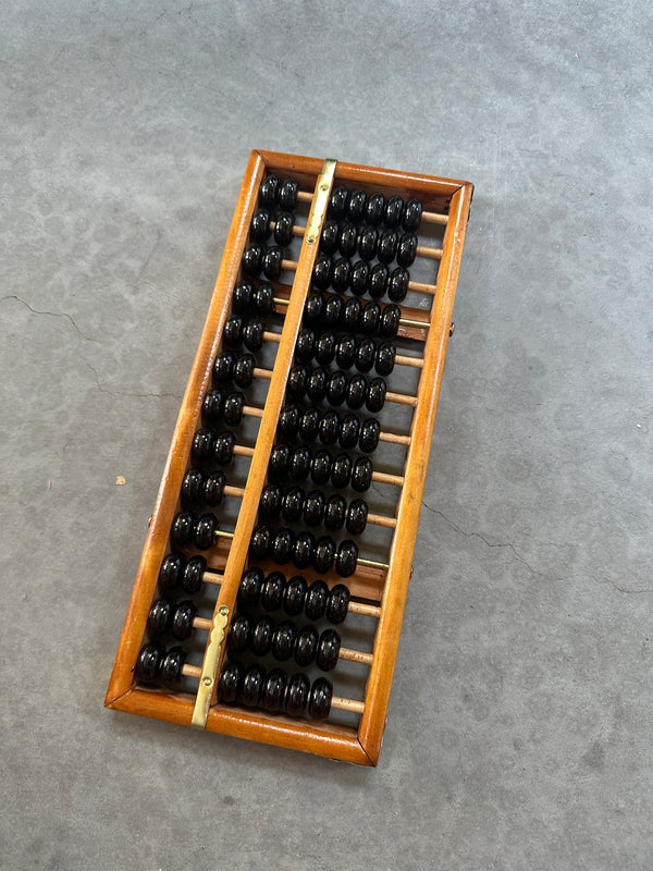 Vintage Chinese Wood & Brass Abacus With Black Lacquer Beads