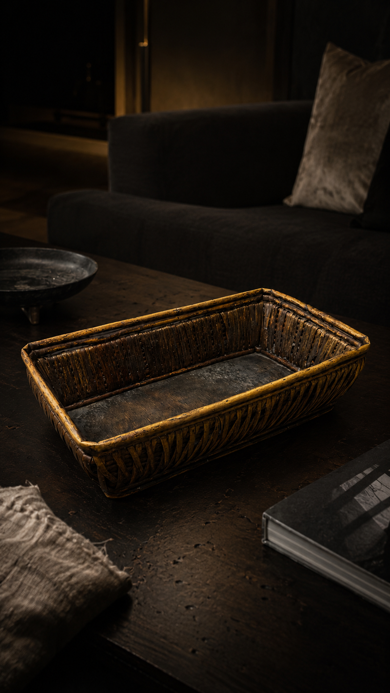 Vintage Woven Rattan Display Basket, c. 1950s | Rectangular Vanity Tray