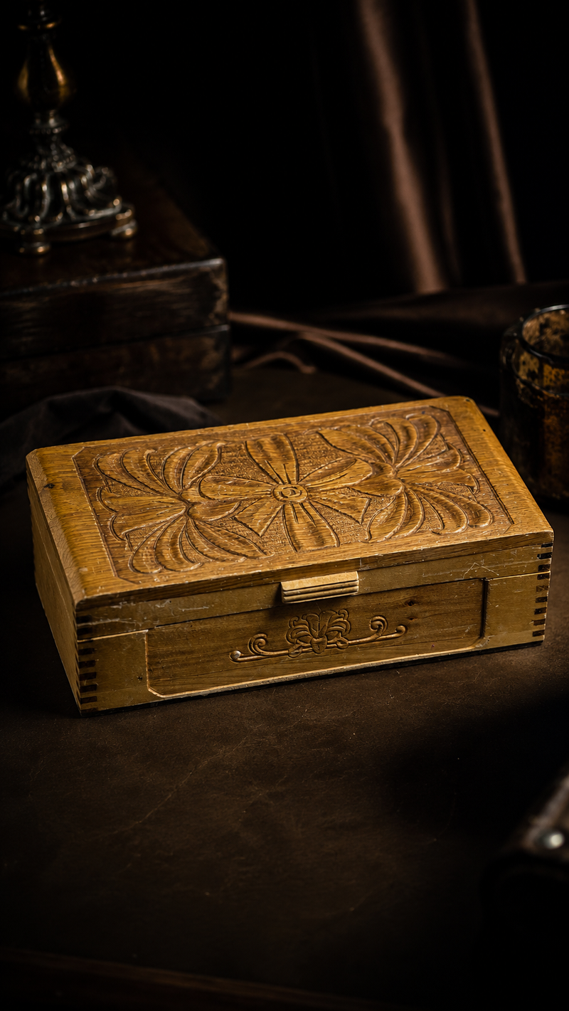 Carved Wood Jewelry Box, c. 1970s | Yellow Satin-Lined Keepsake Box