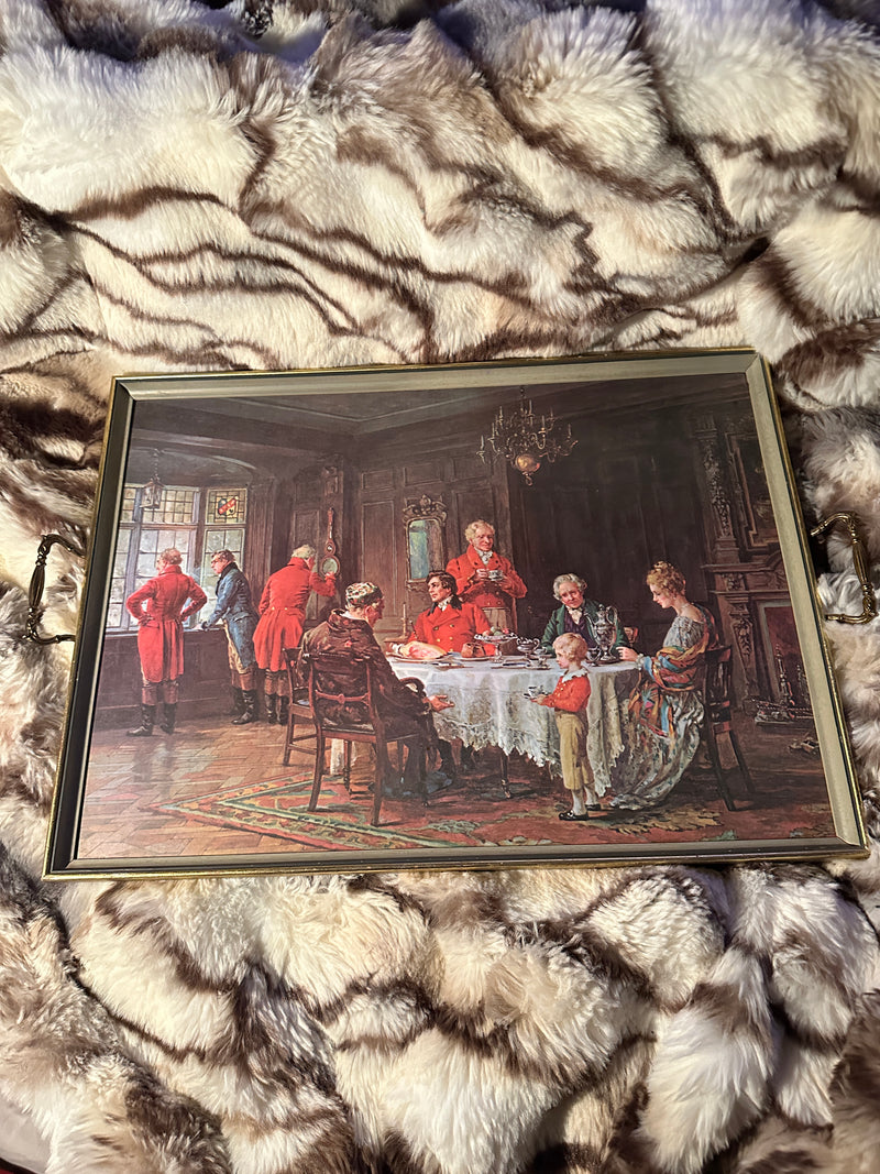 Large Vintage English Fox Hunt Serving Tray with Brass Handles & Green Felt Backing