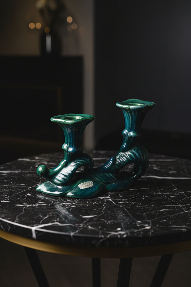 Pair of Vintage Royal Haeger Viridian Green Ceramic Double Candlestick Holders, c. 1950s