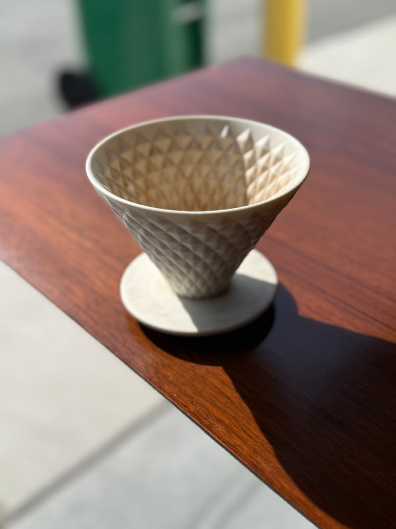 Vintage 1960s Ivory Ceramic Diamond-Pattern Pour-Over Coffee Dripper