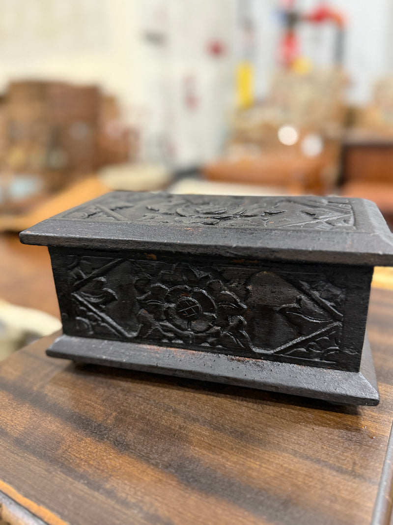 Antique English Ebonized Hand-Carved Wooden Casket Box With Worn Gilt Patina, c. 1870–1900
