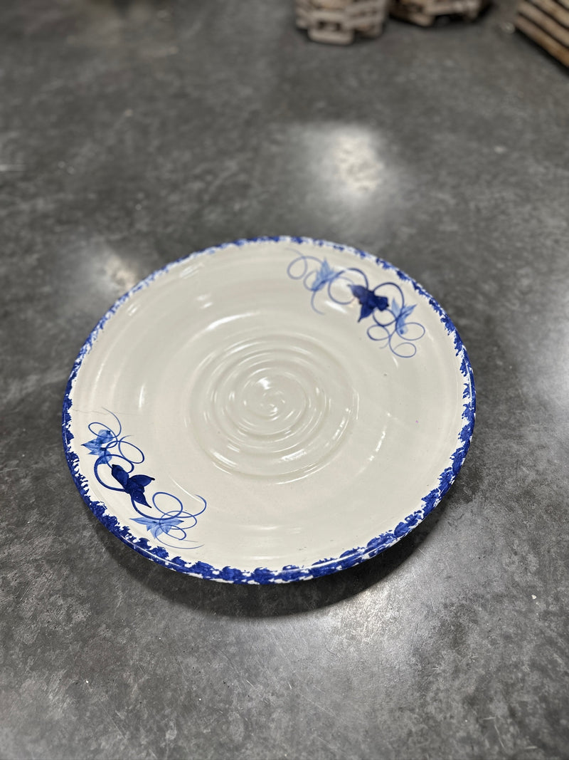 Hand-Thrown Studio Pottery Charger, Cobalt Sponged Rim with Painted Ivy Trails, American, Contemporary