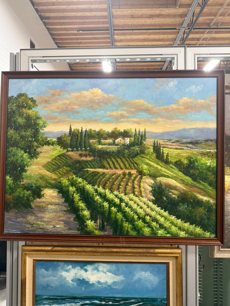 The Vineyard at Dusk, Italianate Landscape Oil On Canvas Painting, 20th Century Unsigned