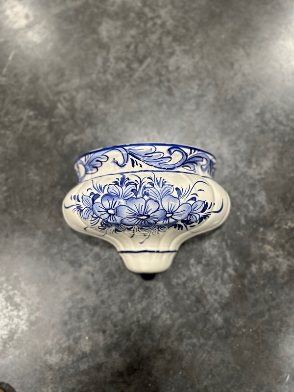Portuguese Blue and White Faience Wall Bracket, Shell-Fluted with Acanthus Collar and Cobalt Drop, Marked Pedrangol, c. 1975–1995