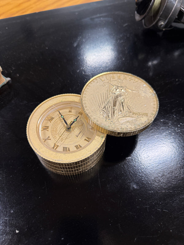 Bulova "Double Eagle" Coin Stack Alarm Clock, c. 1980s Americana Collection Desk Piece