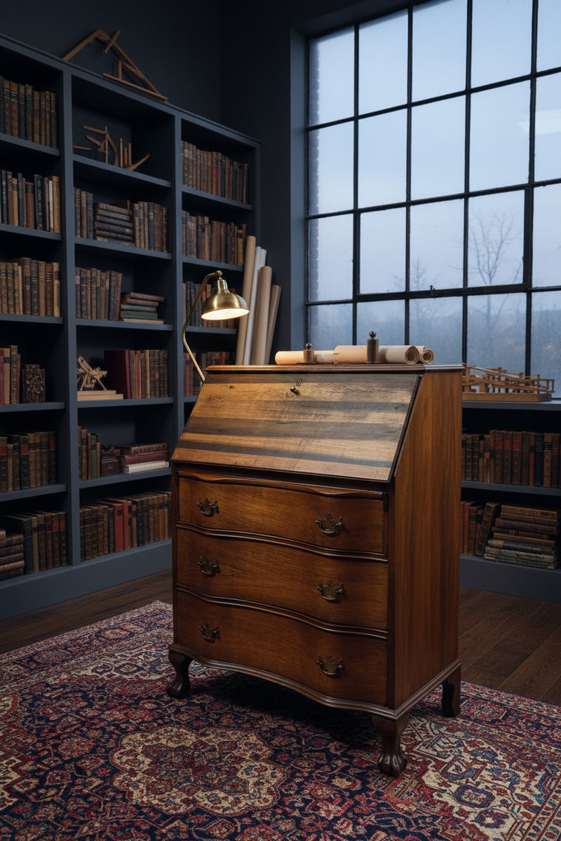 Antique Chippendale Revival Slant-Front Desk, Serpentine Walnut, Restored Striped Pine Fall, Claw Feet, American, c. 1925–1940