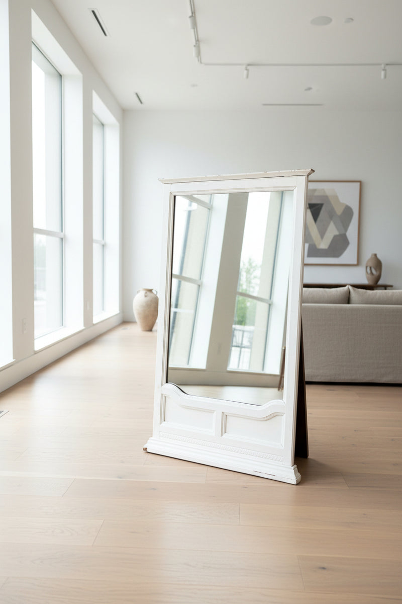 Painted Cream Wall Mirror with Shaped Panelled Apron, Reeded Band and Projecting Cornice, c. 1920–1960