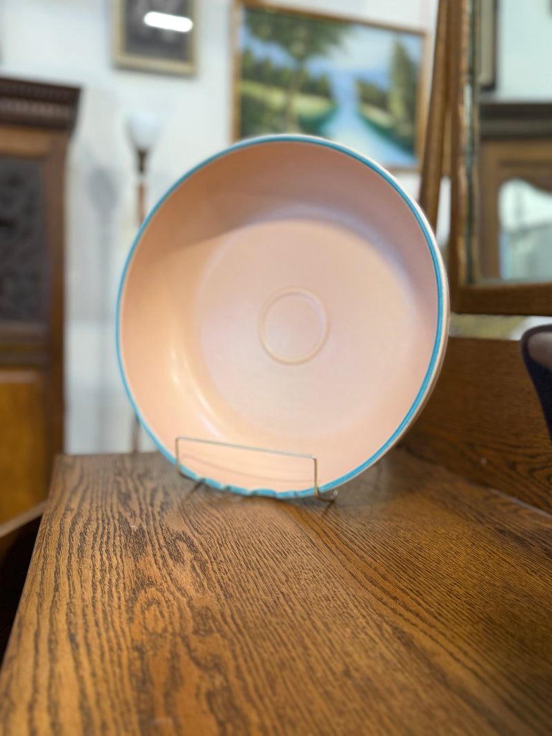 Treasure Craft Southwest Stepped-Rim Saucer, Matte Peach with Turquoise Band, Made in USA, c. 1980–1995