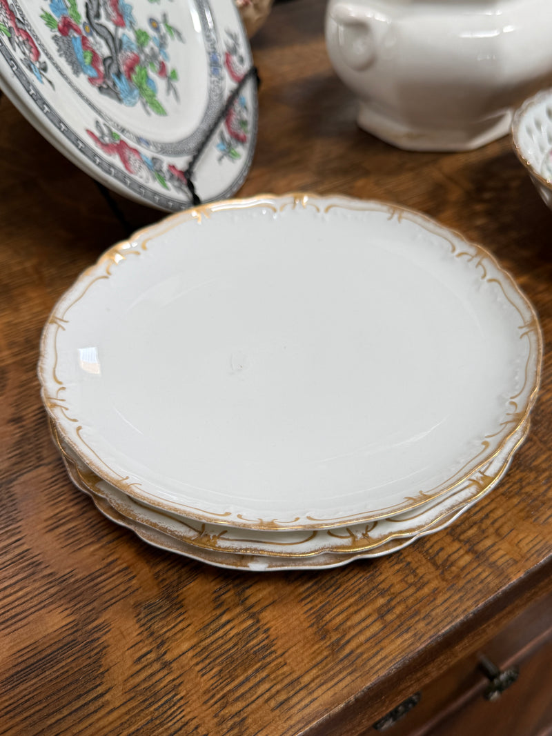 Three Haviland Limoges Porcelain Plates with Embossed Scrolled Rims and Gilt Tracery, Haviland & Co, France, c. 1894–1931