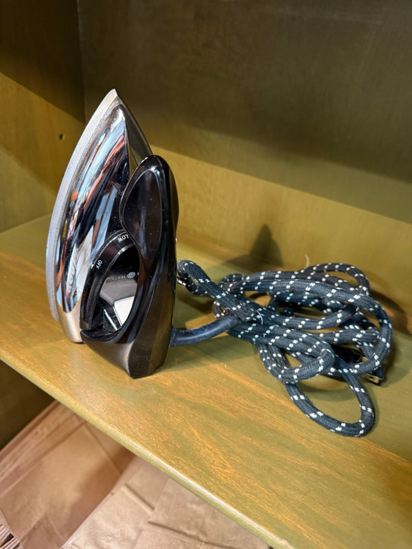 General Electric Model F47 Spray, Steam & Dry Travel Iron in Chrome and Cast Aluminium, Complete with Original Box and Hang Tag, c. 1960–1970