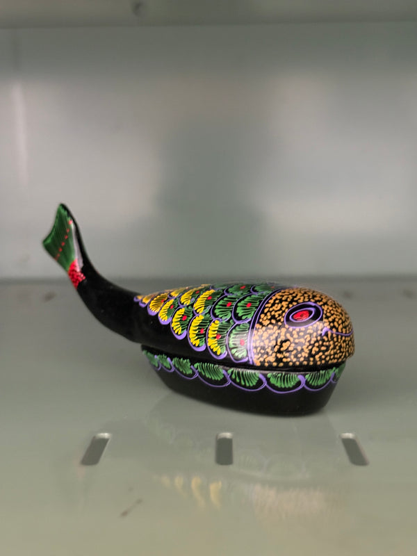 Kashmiri Papier-Mâché Lacquer Trinket Box in the Form of a Fish, Hand-Painted Scales in Gold, Green and Yellow on Black, c. 1970–2010