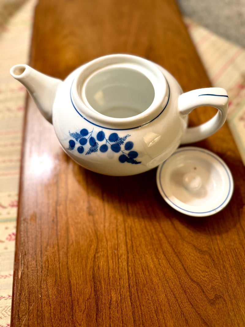 Vintage Hong Soo “Made in Japan” Porcelain Teapot, Blue & White Floral Design (c 1950s)