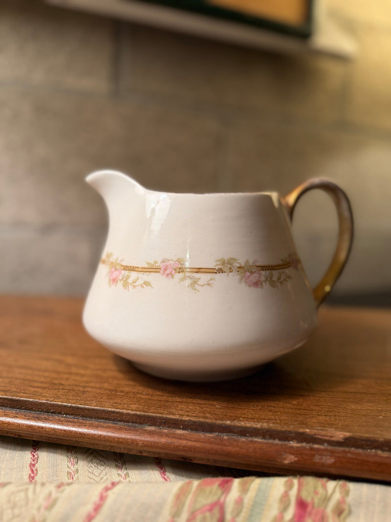 Antique Pope-Gosser Porcelain Creamer with Pink Rose Garland & Gold Gilt, c. 1910–1935