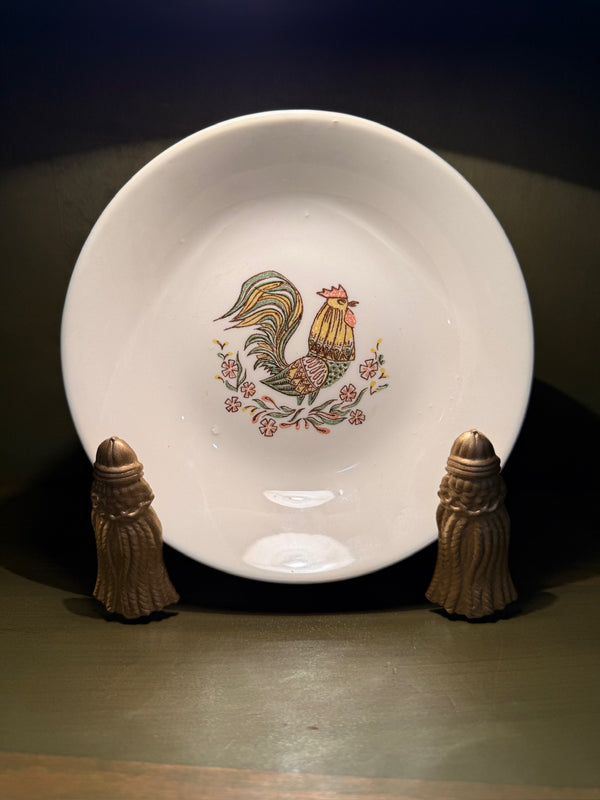 Taylor, Smith & Taylor “Rooster” Coupe Bowl, Stylised Cockerel in Olive, Gold and Rust, Marked Oven Proof and Detergent Safe, Chester, West Virginia