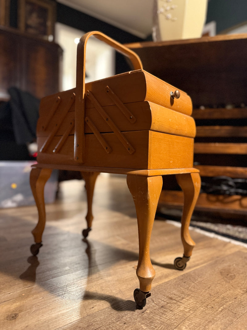 Mid-Century Accordion Sewing Basket with Original Contents | Vintage Sewing Box on Legs
