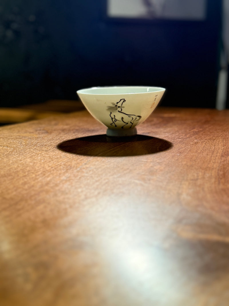 Ink Horse Tea Bowl Hand-Painted Chinese Porcelain Literati Style, c. 1950s–1960s
