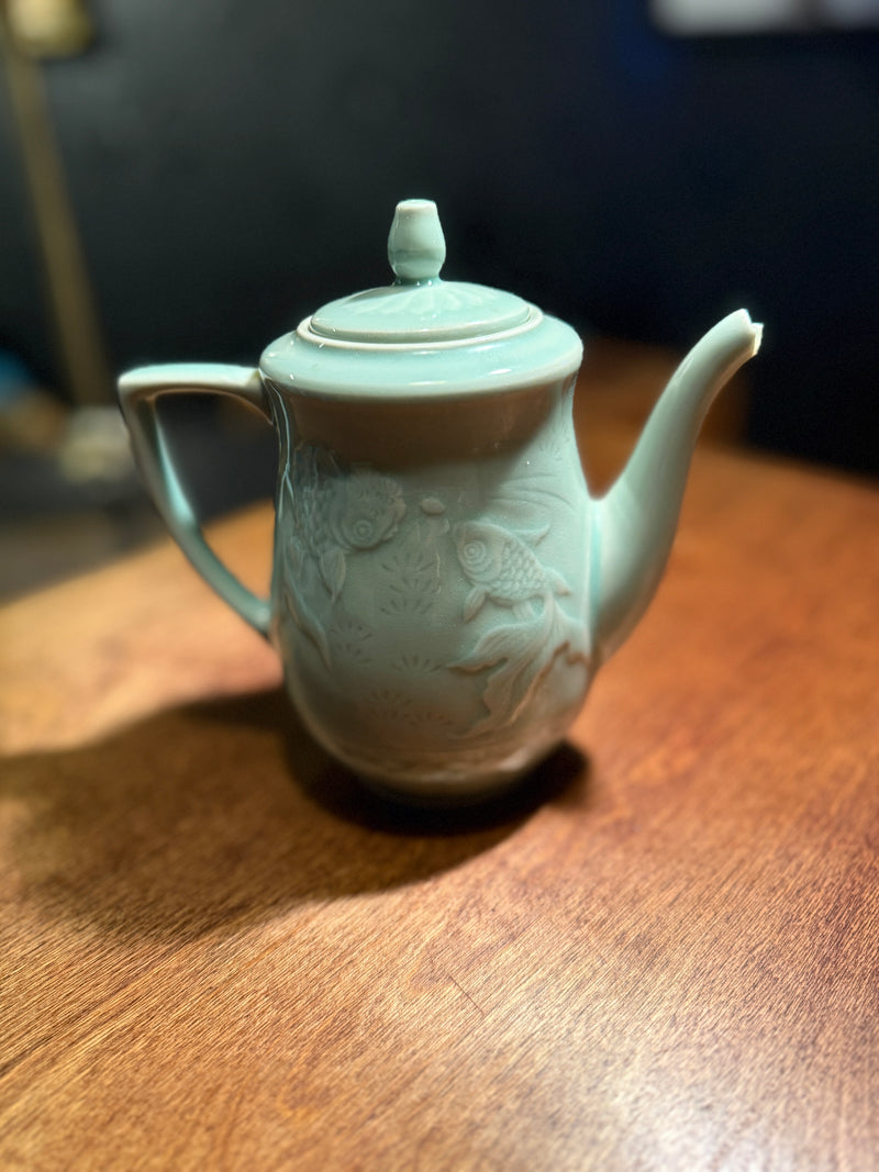 Mid-Century Vintage Chinese Celadon Porcelain Teapot with Fish Relief, c. 1950s