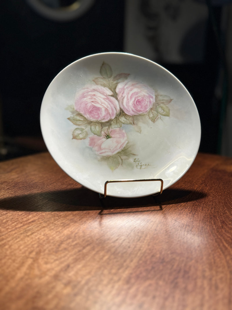 Hand-Painted Rose Plate Signed "Lois" | Vintage Porcelain Floral Wall Art c.1910–1930
