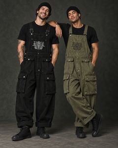 The Morris Overall, Washed Cotton Cargo Bib Overall with Embroidered Botanical Monogram, in Washed Black and Field Olive