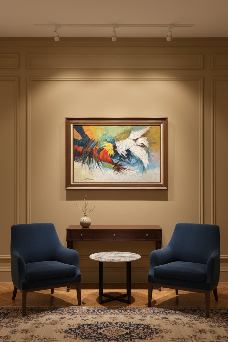 Alfredo Buenaventura Sabong / Roosters Oil Painting, Philippines, c. 1960s–1970s