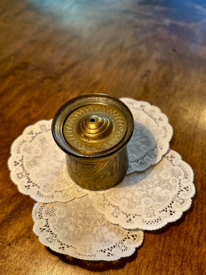 Antique Engraved Brass Ink Pot or Incense Holder c.1880–1910