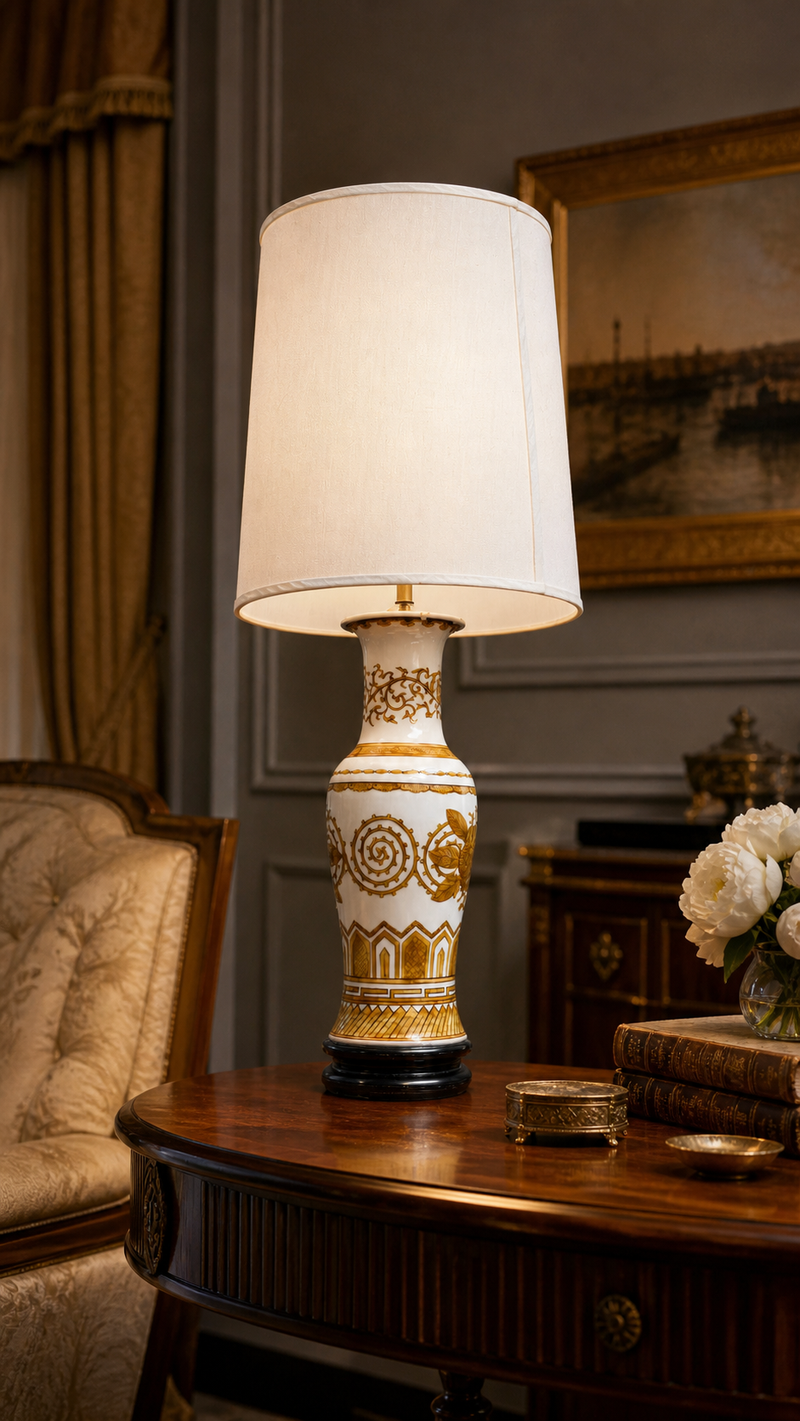 1940s–1950s Large Porcelain Art Deco Chinoiserie Table Lamp
