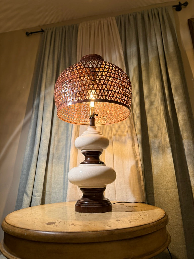 Early 20th Century Crackle Glaze Ceramic Lamp Base (c.1920–1940) with Hand-Woven Bamboo Lattice Shade