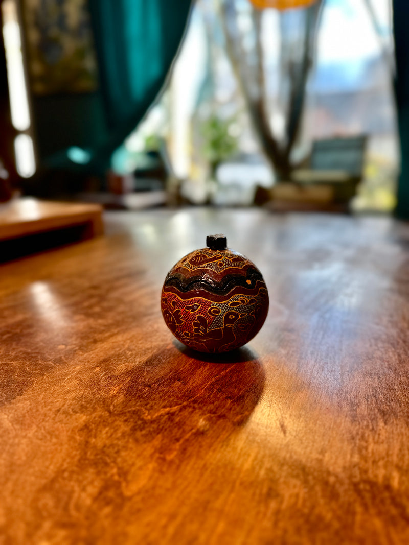 Hand-Painted Andean Gourd Vessel with Lid, Peruvian Folk Art, c. Late 20th Century
