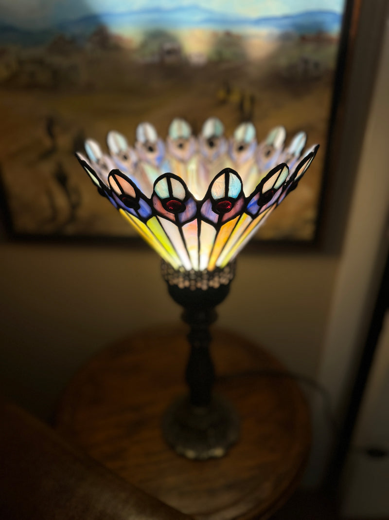 Meyda Tiffany Peacock Stained Glass Lamp Shade with Antique Metal Base