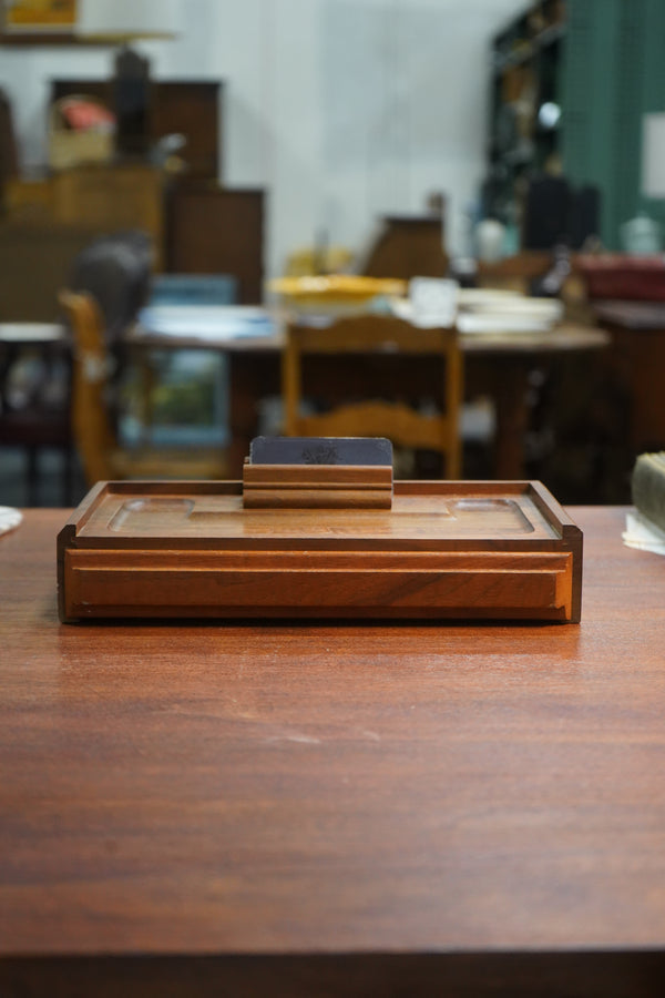 Mid-Century Wooden Desk Valet with Velvet Drawer & Card Holder, c. 1960s–70s