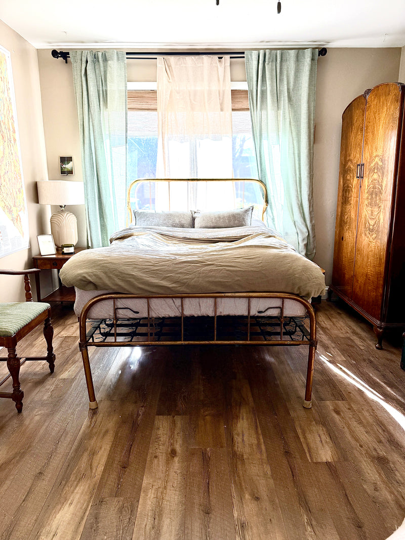 Pacific Wall Bed Frame – Vintage Gold Steel Murphy Bed with Coil Spring Deck, Full Size c 1920s