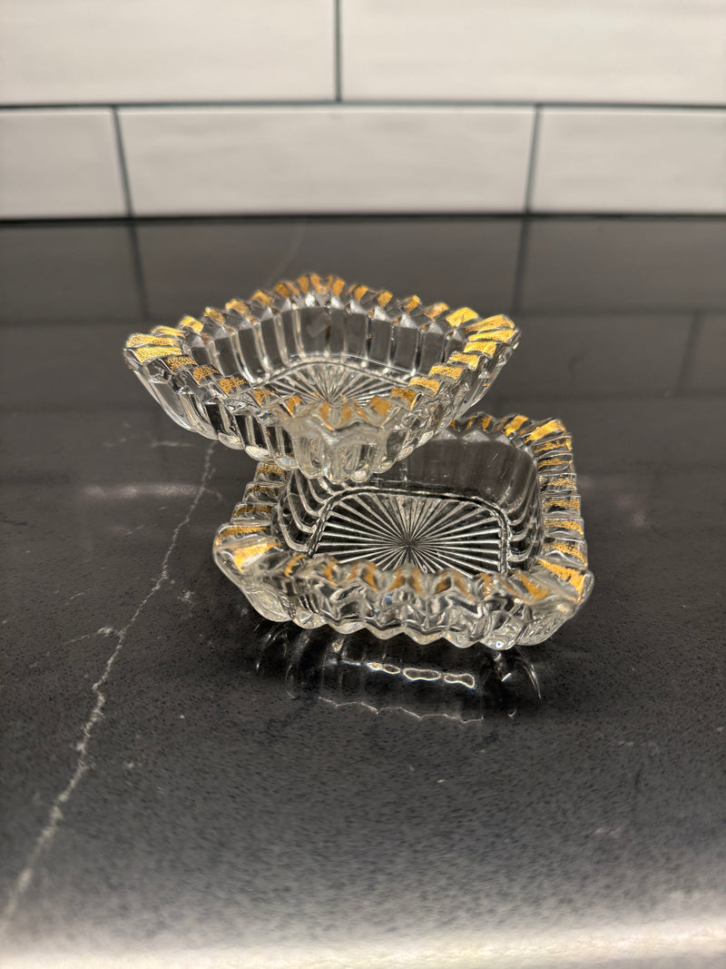 Pair of Gilt-Rim Pressed Glass Vanity Dishes or Ashtrays— Midcentury Modern, c. 1940–1955