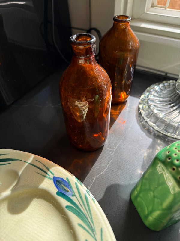 Pair of Vintage Amber Glass Bottles, Mid-20th Century No Deposit No Return Glass