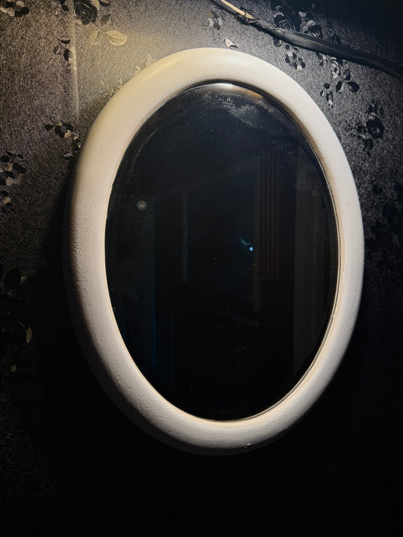 Streamline Oval Wall Mirror in Original White Enamel, c 1935-1939