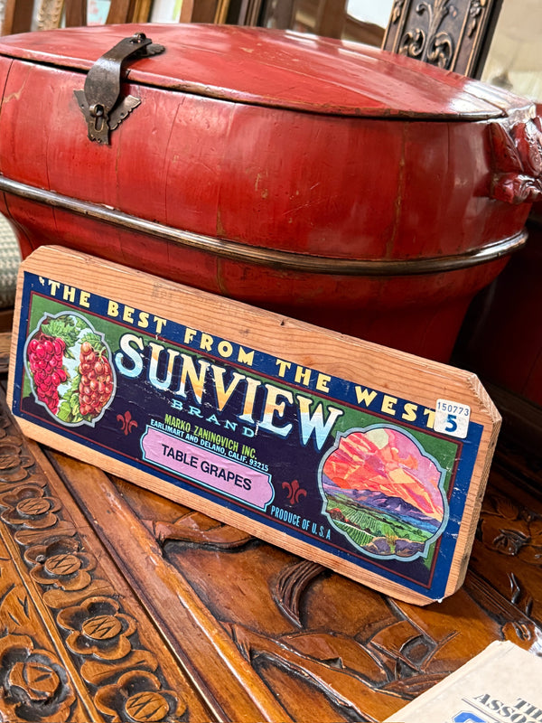 Vintage Sunview Grape Crate End Panel, Delano California, c. 1965–1980