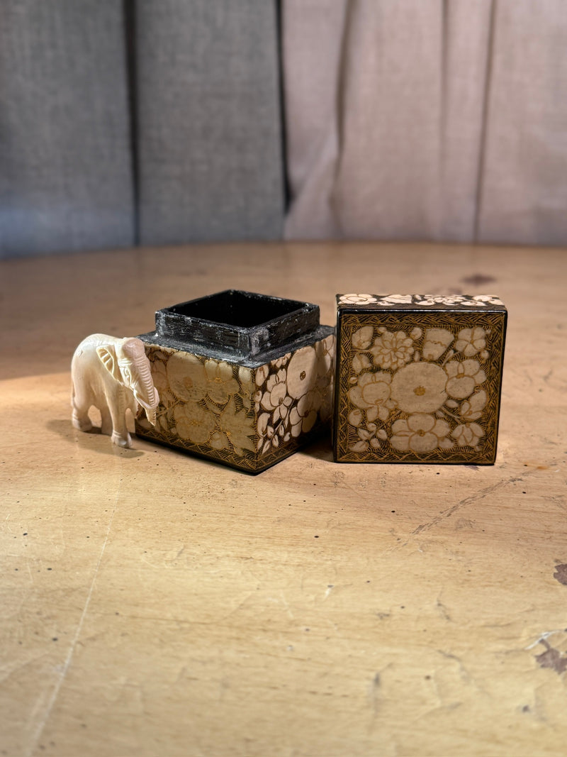 Vintage Kashmir Bone Inlay Trinket Box & Bone Elephant c.1960s Srinagar India