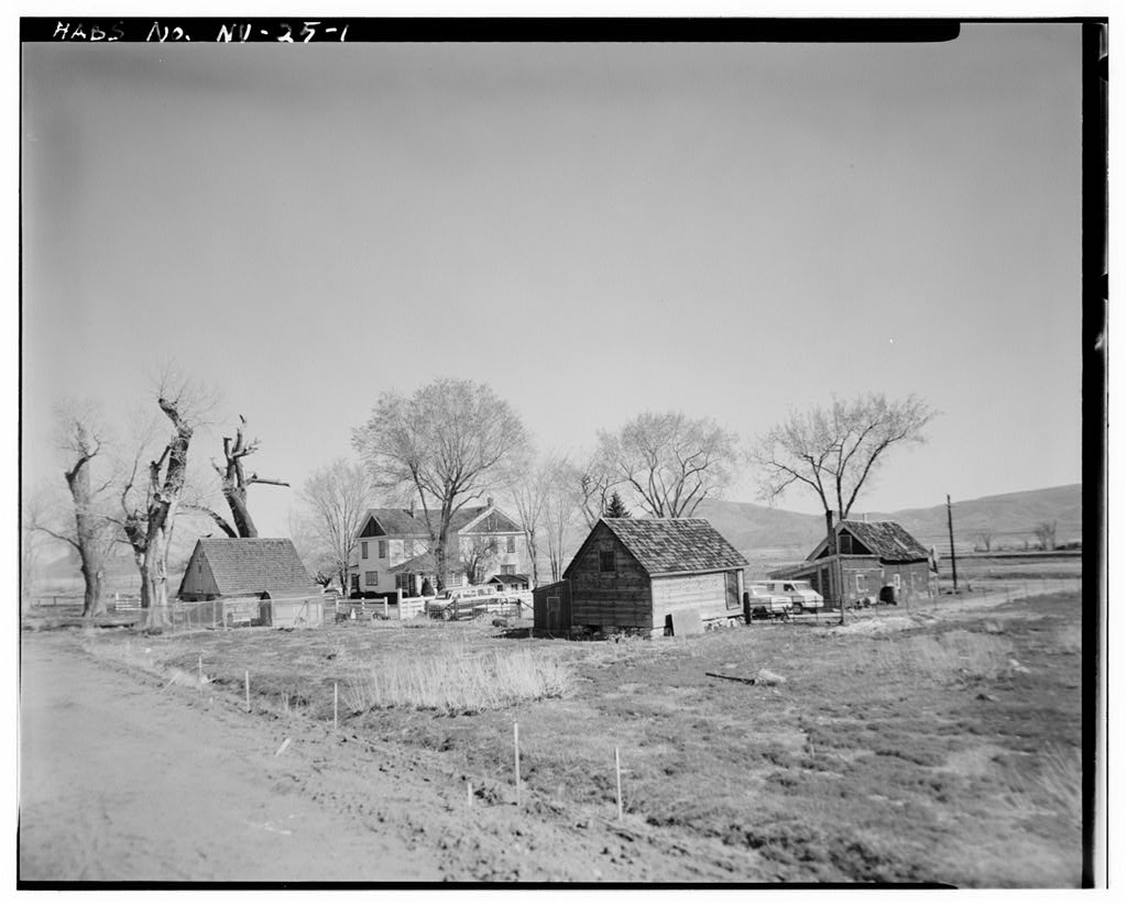 Overview of the Peleg Brown Ranch buildings facing northeast, 12945 Old Virginia Road, Reno, photographed by Martin Fisher for the Historic American Buildings Survey, HABS NV-25